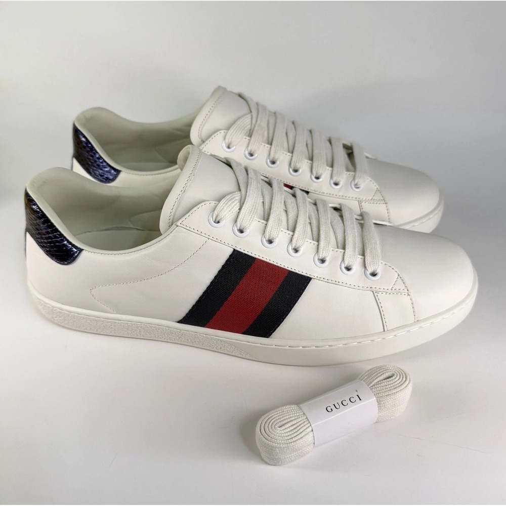 Authentic Gucci Ace Web Leather White Blue Sneakers Shoes Mens 12 Made In Italy